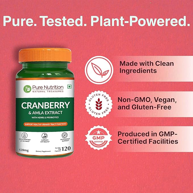Pure Nutrition Cranberry Extract with Amla & Probiotics |120 Caps | Cranberry Extract Supports Healthy Urinary Tract Function* | Non GMO