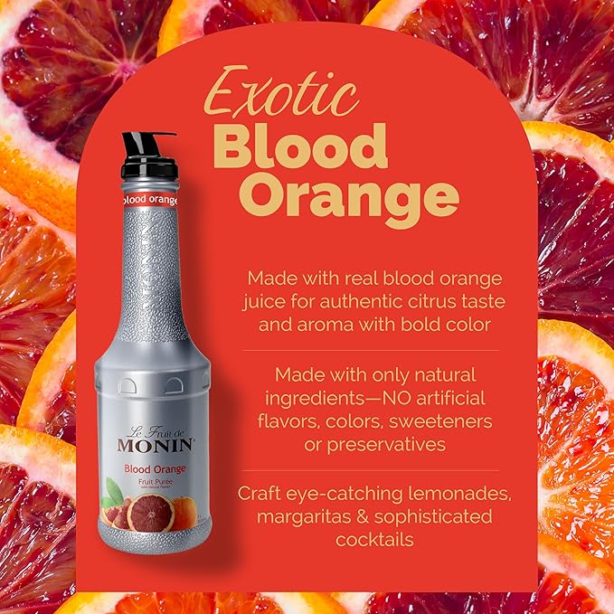 Monin - Blood Orange Purée, Tart, Juicy Citrus Taste, Great for Lemonades, Cocktails, and Culinary Creations, Vegan, Gluten-Free (1 Liter)