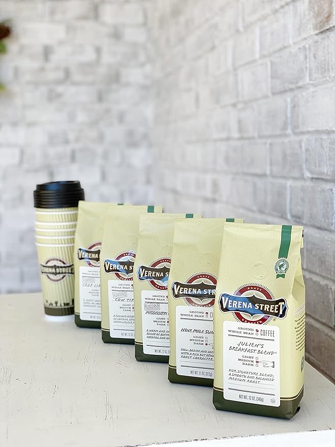 Verena Street 12 Ounce Ground Coffee, Medium Roast, Julien's Breakfast Blend, Rainforest Alliance Certified Arabica Coffee
