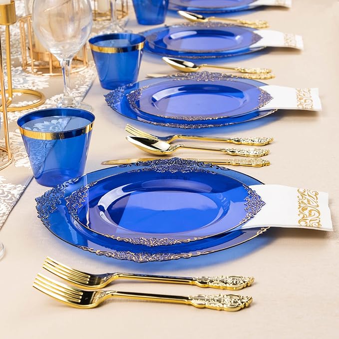 700PCS Clear Blue Plastic Plates for 100 Guests, Disposable Plates with Gold Trim include 100 Dinner plates, 100 Dessert Plates, 100 Gold Silverware, Cups and Napkins for Party, Graduation
