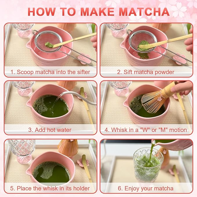 Matcha Whisk Set––7pcs Japanese Matcha Set Kit with Matcha Bowl, Bamboo Whisk, Whisk Holder, Scoop, Towel&Sifter–Perfect for Matcha Lovers&Tea Ceremonies-Daisy Pink