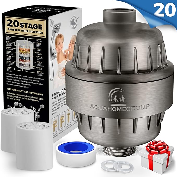 AquaHomeGroup 20 Stage Shower Head Filter with Vitamin C E A for Hard Water - High Output Filter to Remove Chlorine and Fluoride - 2 Replacement Cartridges - Consistent Flow Showerhead Filter