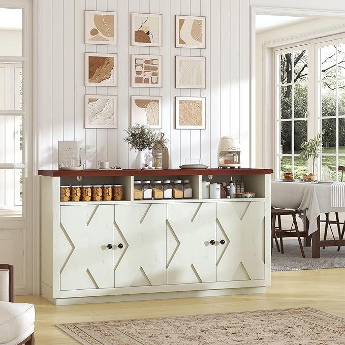 60” Large Sideboard Buffet Cabinet with Storage, Farmhouse Kitchen Buffet Cabinet with Adjustable Shelves and 4 Barn Doors, Wood Coffee Bar Storage Cabinet for Kitchen, Dining Room, Rustic White