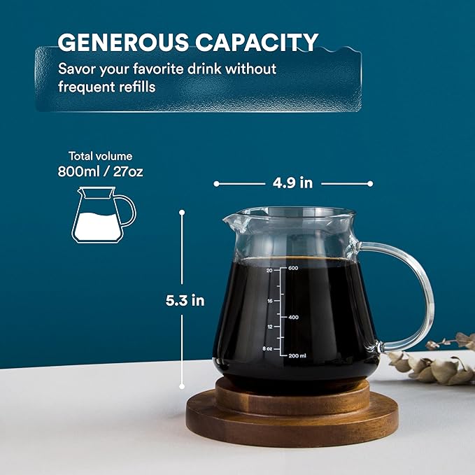 Glass Range Coffee Server For Pour Over Coffee & Tea - 800ml/27oz Ovalware Microwave Safe & Heatproof 2.5mm Thick Glass Body