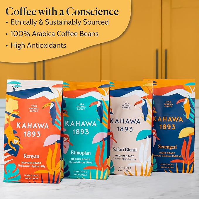 Kahawa 1893 Whole Bean Coffee Combo Pack Kenyan, Ethiopian, Safari & Serengeti Blend (12 Oz) - As Seen on Shark Tank, Naturally Sweet, Organically Grown, Ethically & Sustainably Sourced