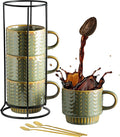 Coffee Mugs Set of 4 with Spoons & Rack, Stackable Espresso Cups 13oz Coffee Mug for Drinks Latte Cappuccino Tea, Turkish Coffee Cup for Housewarming Wedding Gift, Dishwasher Safe