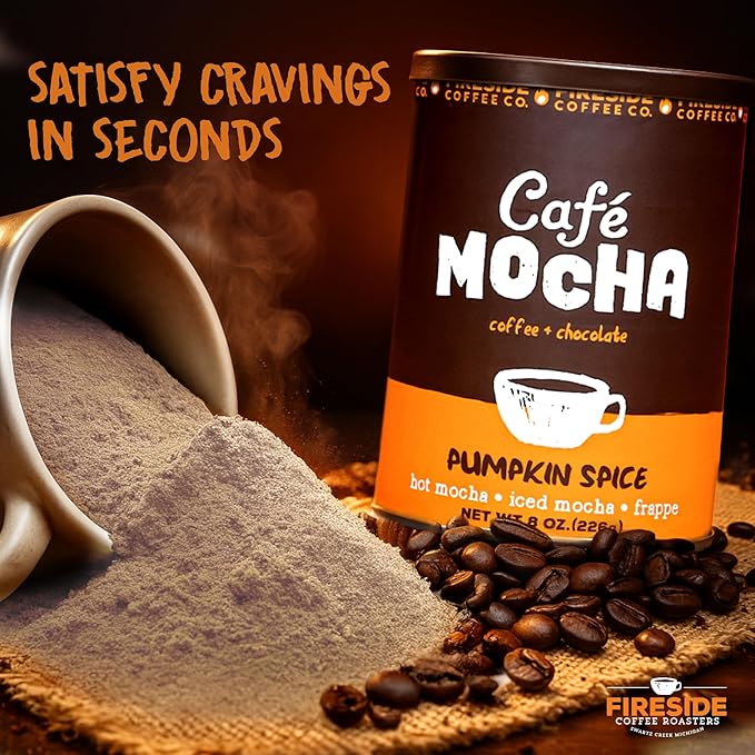 Fireside Coffee Pumpkin Spice Cafe Mocha - Premium Instant Coffee Chocolate Blend - Versatile Caffeinated Drink Mix for Hot, Iced, Milkshake, and Mocha Frappe Mix, Only Add Water and Enjoy, 8 Ounces