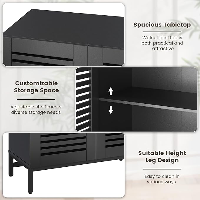 JOMEED Buffet Sideboard Cabinet with Grille-Striped Doors & Adjustable Shelf, Wood Storage Cabinet for Kitchen, Dining Room, Living Room, Entryway Black