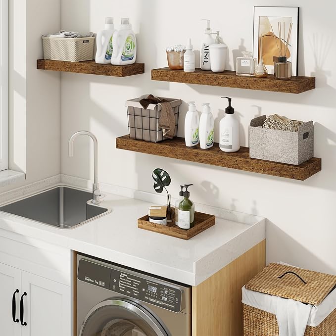 fuqing Floating Shelves for Wall, Wall Mounted Wood Floating Shelf with Invisible Brackets for Living Room, Bathroom, Bedroom, Kitchen Storage and Decor, 30 Inch Set of 2, Rustic Brown