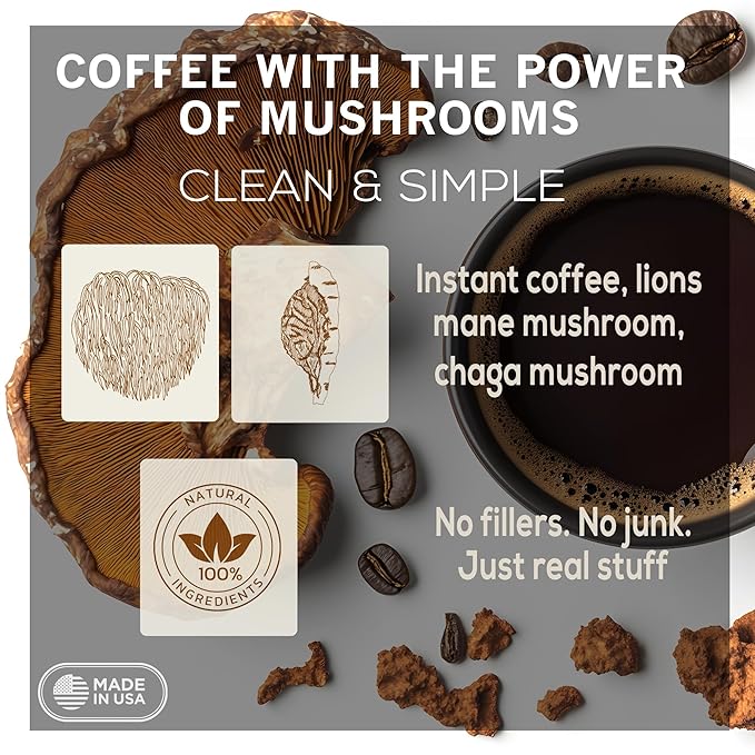 Spices Village Instant Mushroom Coffee with Lion’s Mane & Chaga, 5 oz (63 Servings), Ground Mushroom Arabica Instant Coffee, Kosher