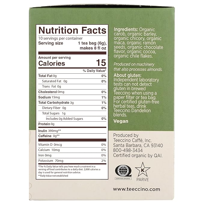 Teeccino Herbal Tea – Maca Chocolaté – Adaptogenic Peruvian Maca, Cacao, Chicory, Prebiotic, Caffeine Free, Acid Free, Coffee Alternative (10 Count (Pack of 4))