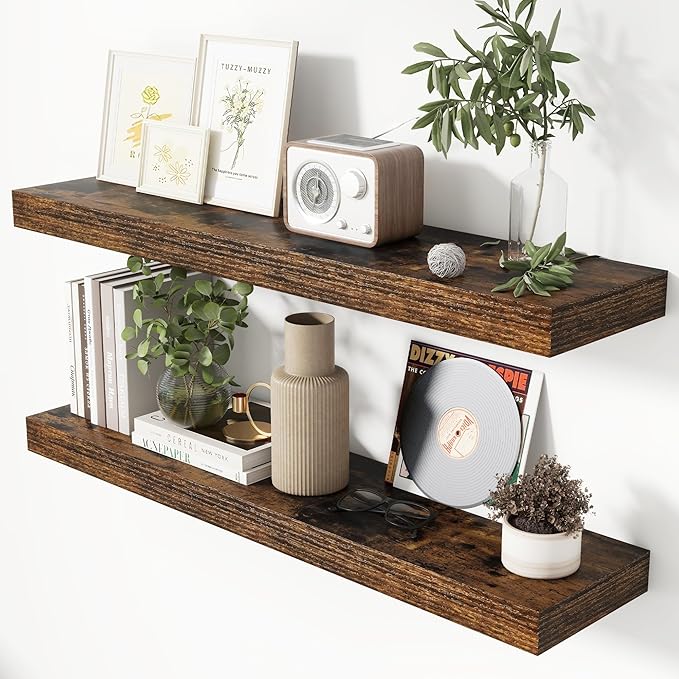 Heimlove 36 Inch Floating Shelves for Wall 8 Inch Deep Rustic Brown Shelves Set of 2,Wall Mounted Rustic Wood Long Floating Shelf with Invisible Brackets for Bedroom Kitchen Living Room