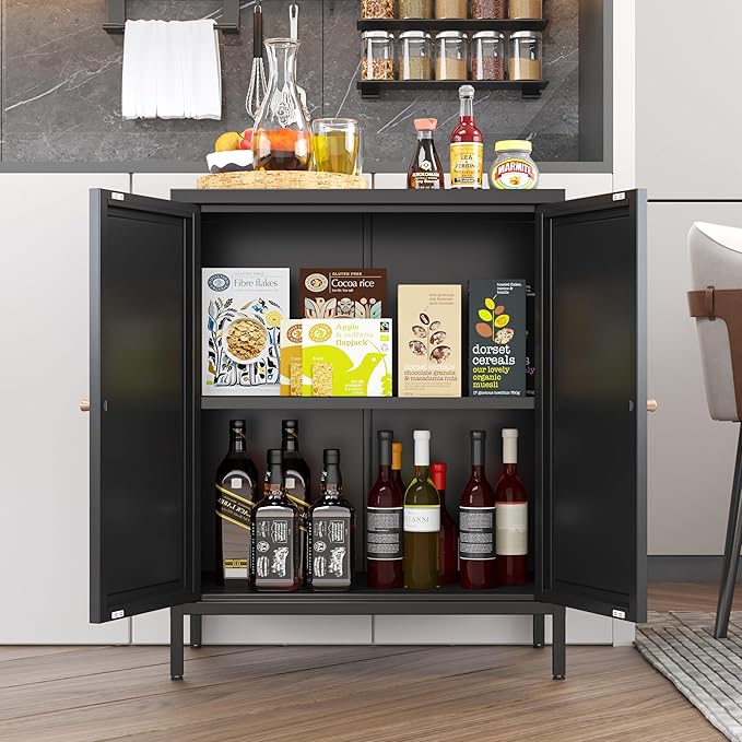 Small 2 Transparent Door Metal Storage Side Buffet Cabinet for Bed Room,Living Room,Entryway,Hallway,Home,Hotel,Office,Garage,Kitchen,1 Removable Shelf. (Square Door, Black)