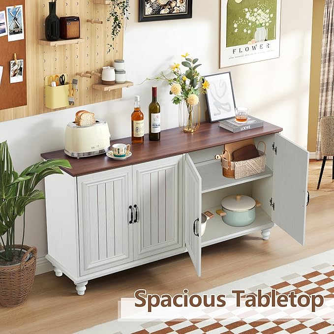 59" Sideboard Buffet Cabinet with Storage, Large Retro Credenza with 4 Doors & Adjustable Shelves Wood Rectangular Coffee Bar Table Console for Kitchen, Living Room, Hallway, Entry (Beige)
