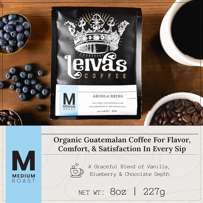 Leiva’s Medium Roast Whole Bean Coffee (8 Oz) - Roasted to Order, Single Origin Guatemalan Beans - Abuela Reina Whole Beans w/Vanilla, Blueberries & Chocolate Notes - Nutty, Earthy Low Acidity Roast