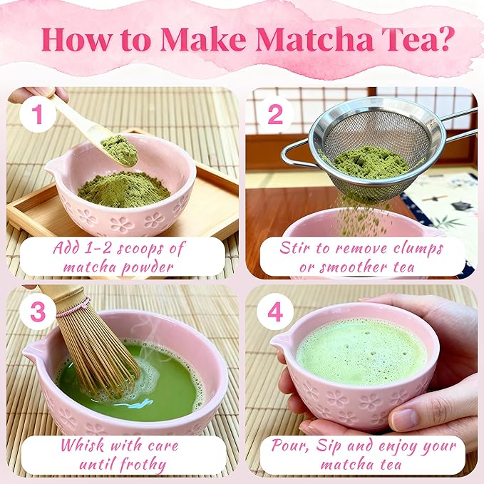 7 Pcs Matcha Kit for Matcha Lovers – Ceramic Matcha Bowl, Bamboo Whisk & Holder, Scoop, Scoop Rest, Metal Sifter and Tea Towel | Complete Matcha Tea Set for Home, Gift Set for Tea Lovers(Pink)