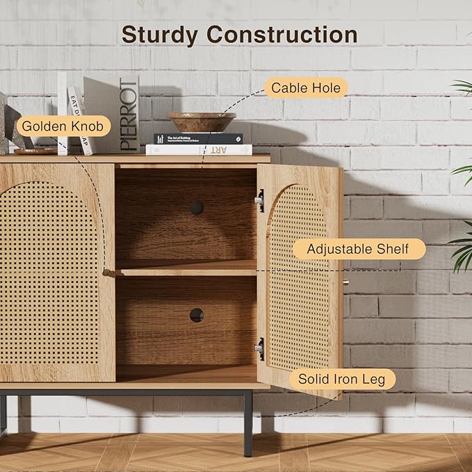 Storage Cabinet with 2 Arched Rattan Doors, Natural Style Rattan Sideboard Buffet Cabinet with Storage, Boho Entryway Table for Living/Dining Room, Kitchen, Hallway