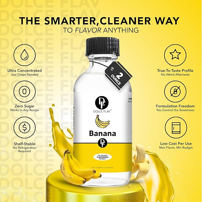 Dolce Flav Banana Extract – 2 Ounce Oil-Soluble Kosher, Sugar-Free, Concentrated Ripe Banana Flavoring for Baking, Smoothies & Ice Cream, Includes Measured Dropper, Pack of 2