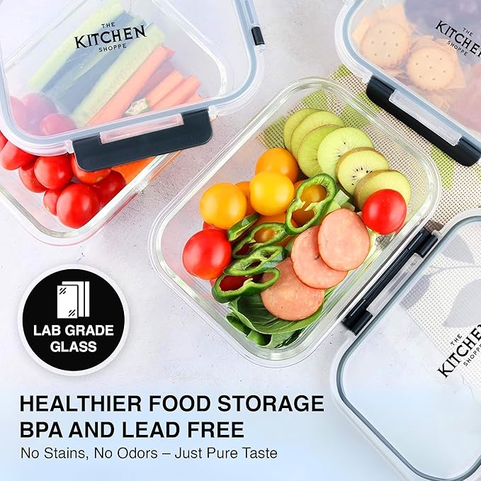 KITCHEN SHOPPE 24pc Borosilicate Glass Storage Containers with Airtight Lids | Heavy Duty, Non-Toxic Food Storage Containers for Pantry, Meal Prep, Lunch or Leftovers | Freezer/Oven/Microwave Safe