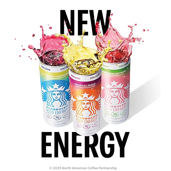 Starbucks Iced Energy Drink, 3 Flavor Variety Pack (Tropical Peach, Watermelon Splash, Blueberry Lemonade), Zero Sugar Energy Drink, Plant Based Caffeine, Hydration, Mental Clarity, 12x12 Fl Oz Cans