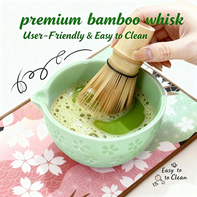 5-Piece Green Ceramic Matcha Set – Matcha Bowl with Spout, Stainless Steel Sifter, Whisk Holder – Complete Matcha Kit for Tea Lovers, Ideal Gift for Christmas, Birthday, and Home Use