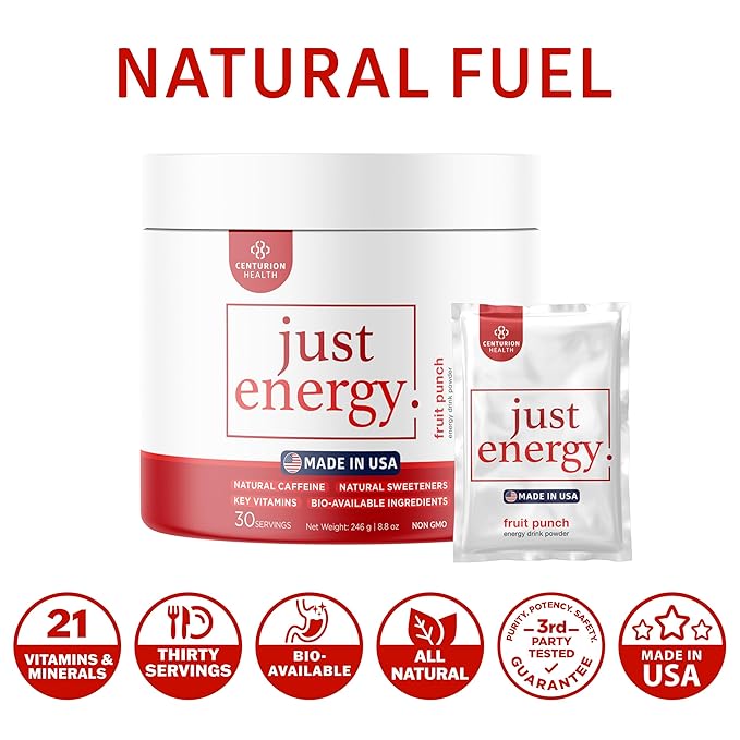 Just Energy Drink Powder, Refreshing Fruit Punch Energy Drink Mix with 21 Energy-Boosting Ingredients, Includes B Vitamins, Choline, Zinc, Chromium and Inositol, 30 Servings