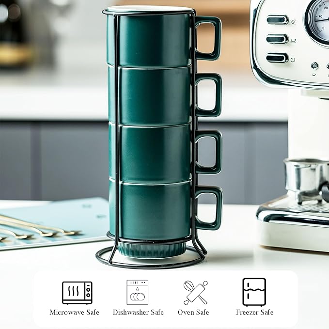 Stackable Coffee Mugs Set of 4 with Holder Spoons 11oz Ceramic Cappuccino Cups for Espresso Latte Tea Drinks, Dishwasher & Microwave Safe, Green