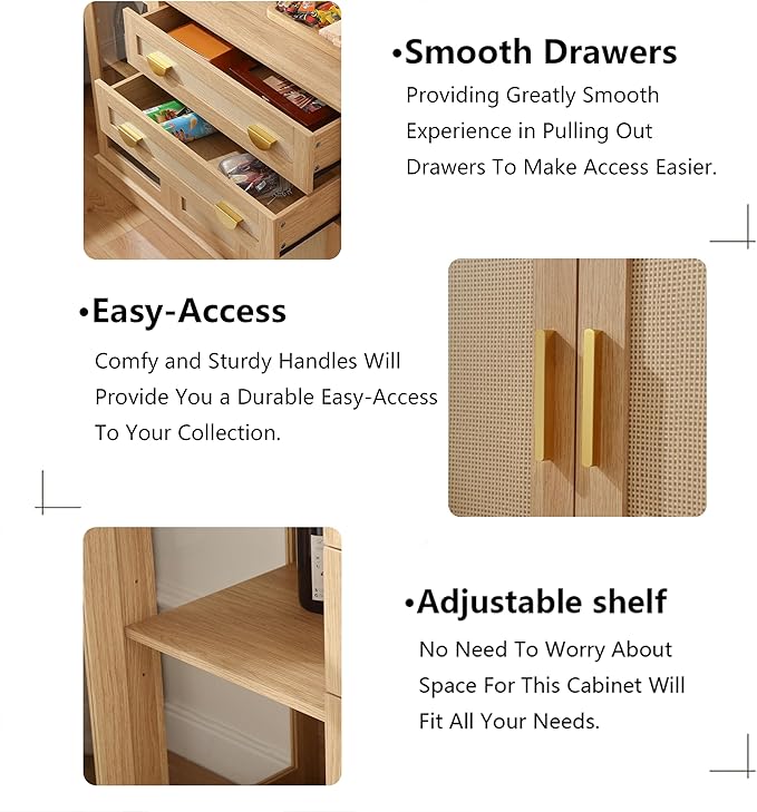 58.27'' Buffet Cabinet with 2 Drawers and Adjustable Shelves,Large Glass Door Coffee Bar Cabinet,Modern Farmhouse Sideboard Credenza for Kitchen,Natrual