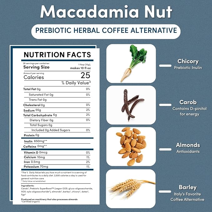 Teeccino Macadamia Nut Prebiotic SuperBoost™ Coffee Alternative - Support Your Probiotics with Caffeine-Free Herbal Coffee Featuring 3 Vegan Prebiotics for Good Gut Health & Regularity, 10 Ounce