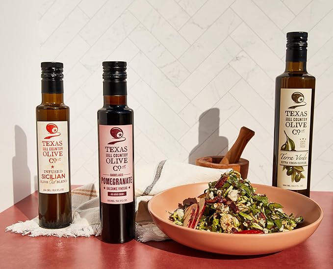 Pomegranate Balsamic Vinegar - Gourmet Barrel Aged Infused Balsamic Vinegar - Great for Dressing Dipping Glazing - No Artificial Flavors or Added Sugar - Made in Texas (8.5 oz)