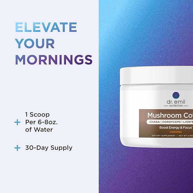 Dr. Emil Mushroom Coffee for Focus & Energy - Instant Coffee with Lions Mane, Chaga & Cordyceps - Delicious Caramel Flavor & Potent Mushroom Powder Blend