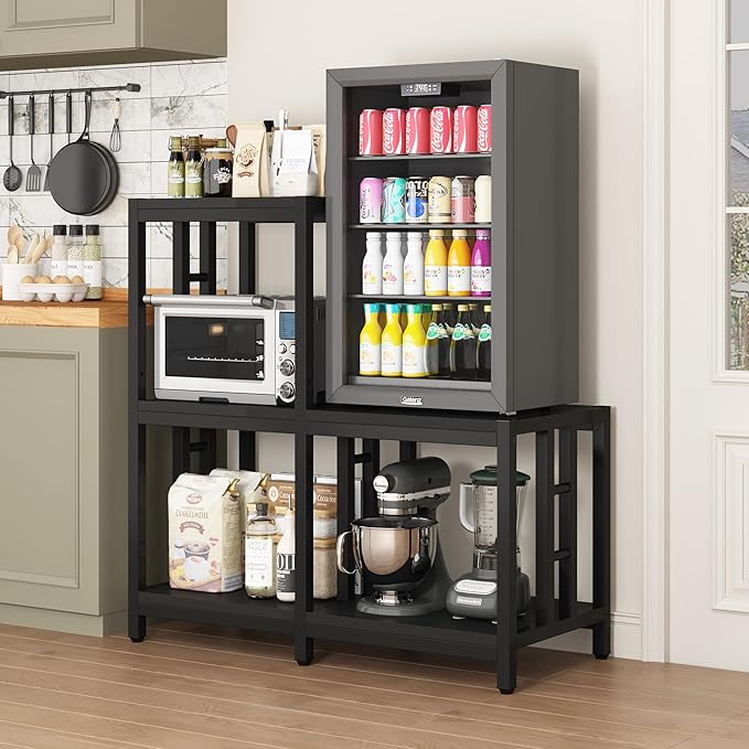 Mini Fridge Stand with Storage, Black Coffee Bar Cabinet with Mini Fridge Space, Microwave Stand and Bakers Rack for Kitchen, Dorm, Office, Home Beverage Station Organizer