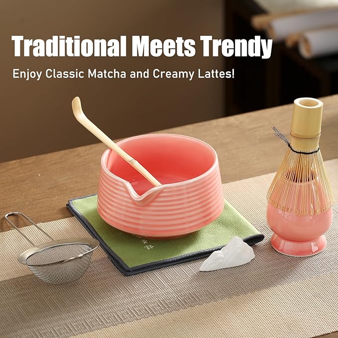 Matcha Whisk Set, Ceramic Matcha Bowl with Spout, Bamboo Whisk, Scoop, Sifter, Holder, Tea Towel, 7-Piece Matcha Kit for Making Breakfast/Latte, Square Pink, Large