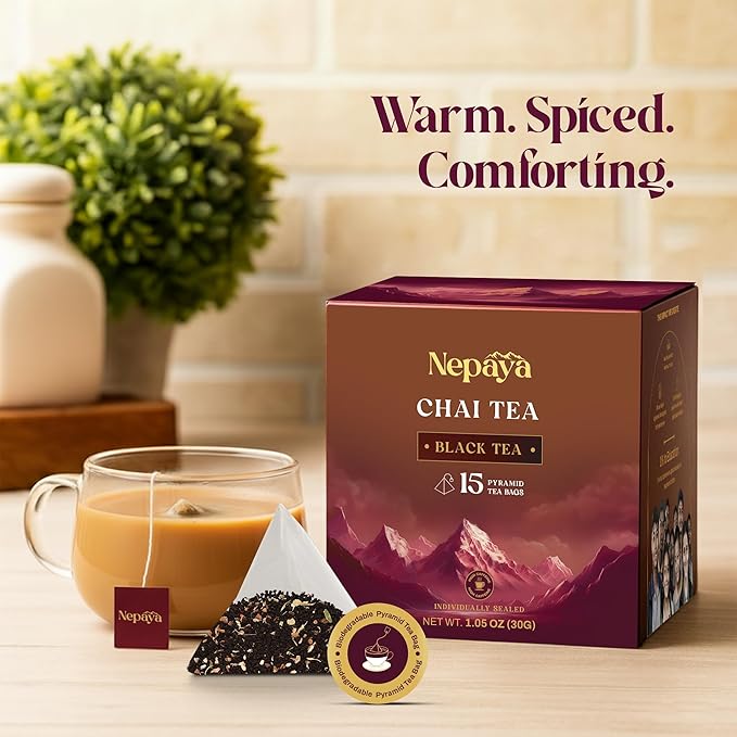 Nepaya Masala Chai – 15 Pyramid Black Tea Bags, Spiced with Ginger, Cardamom & Cinnamon, Biodegradable, Whole-Leaf, High Caffeine, Himalayan Chai