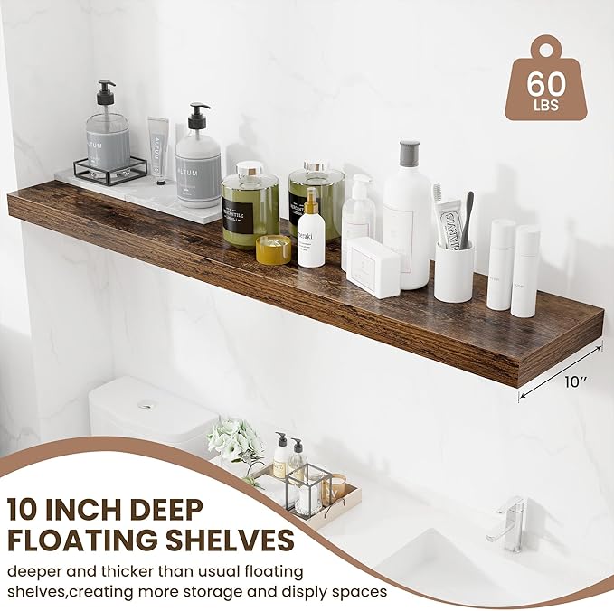 Fun Memories 55 Inch Fireplace Mentel Shelf, 10 Inch Deep Shelves for Display & Wall Storage, Rustic Wood Wall Shelf, Extra Long Floating Shelves for Living Room Laundry Room, Rustic Brown, Set of 1