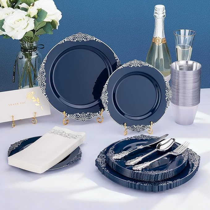 350PCS Navy Blue Plastic Plates for 50 Guests, Disposable Plates with Gold Trim include 50 Dinner and Dessert Plates, 150 Gold Silverware, 50 Cups, 50 Napkins for Party, Wedding & Graduation