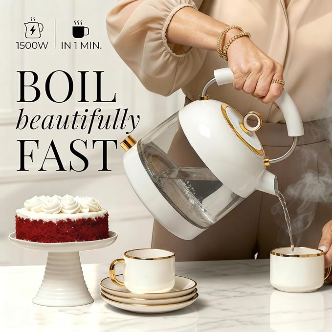 White Electric Tea Kettle with Temperature Control - 1500W Fast Hot Water Boiler and Warmer - White and Gold Electric Kettle with Keep Warm Function, BPA-Free Glass Body, Stylish Design, Auto Shut-Off