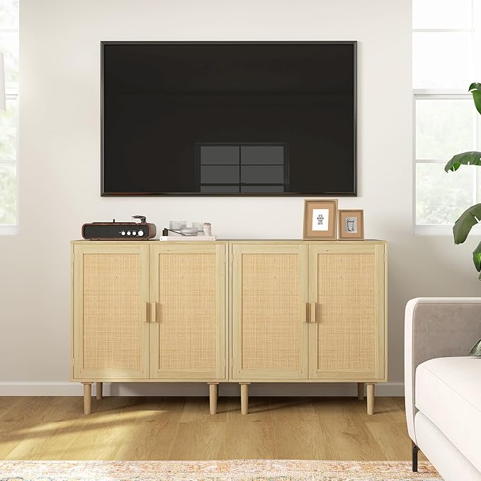 HOMCOM Sideboard Buffet Cabinet, 32" Boho Buffet Table, Rattan Coffee Bar Cabinet with 2 Doors and Shelves for Kitchen, Living Room, Entryway, Natural