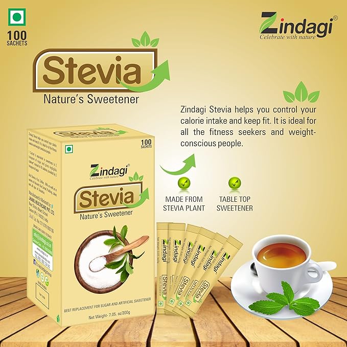 Zindagi Stevia Packets | Natural Sugar Substitute & Zero Calorie Sweetener | Stevia Sugar Free Sticks | 100 Count, 2g each (7.05 oz)