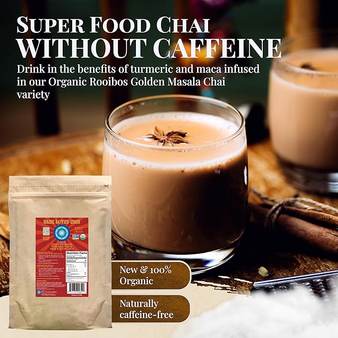 Blue Lotus Chai - Golden Rooibos Masala Chai - Makes 530 Cups - 1 Pound Bulk Bag Masala Spiced Chai Powder with Organic Spices - Instant Indian Tea No Steeping - No Gluten