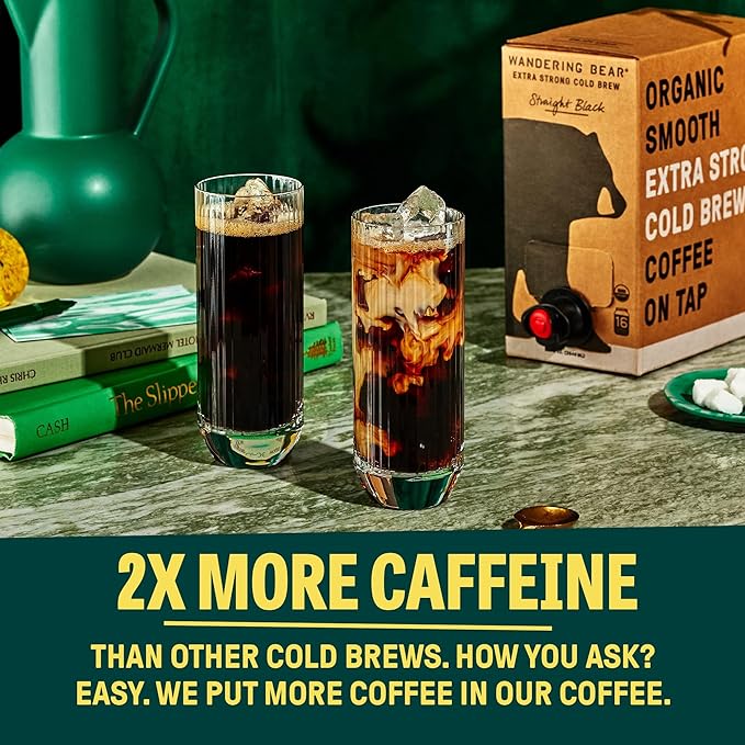 Wandering Bear Straight Black Organic Cold Brew Coffee On Tap, Iced Coffee Drink - Extra Strong, Smooth, No Sugar Added, Shelf-Stable, Ready to Drink, 100% Organic - 16 Servings of 6fl.oz - 96fl.oz