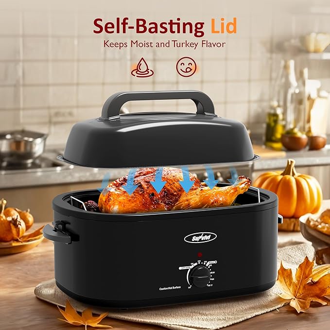 Sunvivi Electric Roaster, 26 Quart Electric Roaster Oven with Self-Basting Lid, Turkey Roaster Oven Buffet with Removable Pan, Cool-Touch Handles, Black