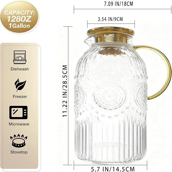 Amzcku Glass Pitcher with Lid, 1 Gallon/128 oz Vintage Water Pitcher,Water Carafe for Cold Brew, Coffee, Lemonade, Iced Tea,Beverage, Heat Resistant Water Glass Jug 1Pack