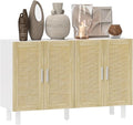 HOMCOM Boho Sideboard Buffet Cabinet, Coffee Bar Cabinet with 4 Rattan Doors and Adjustable Shelves for Kitchen, Living Room, White and Natural