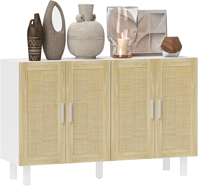 HOMCOM Boho Sideboard Buffet Cabinet, Coffee Bar Cabinet with 4 Rattan Doors and Adjustable Shelves for Kitchen, Living Room, White and Natural