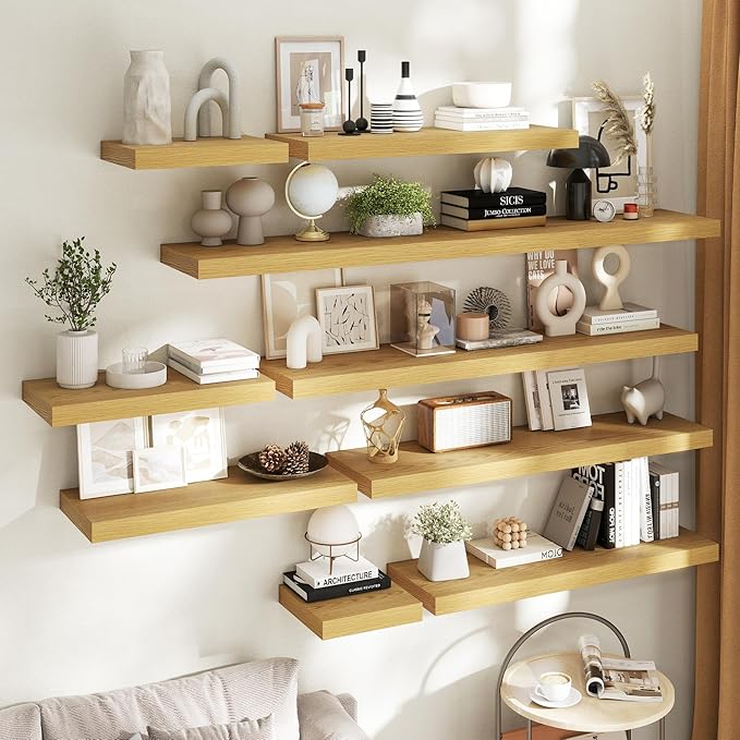 30 Inch Floating Shelves for Wall Set of 2, 12"D Wood Grain Bathroom Shelves with Invisible Brackets, Easy Install Engineered Wood Storage Shelves for Kitchen, Living Room, Bedroom, Oak Finish
