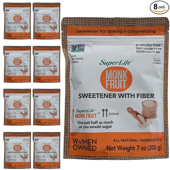 Super Life Monk Fruit Sweetener with Fiber – Low-Glycemic Index, Erythritol-Free Sugar Alternative for Baking, Beverages & Caramelizing | Non-GMO, Low-Calorie, Keto Diet Friendly – 7oz / 200g (8-Pack)