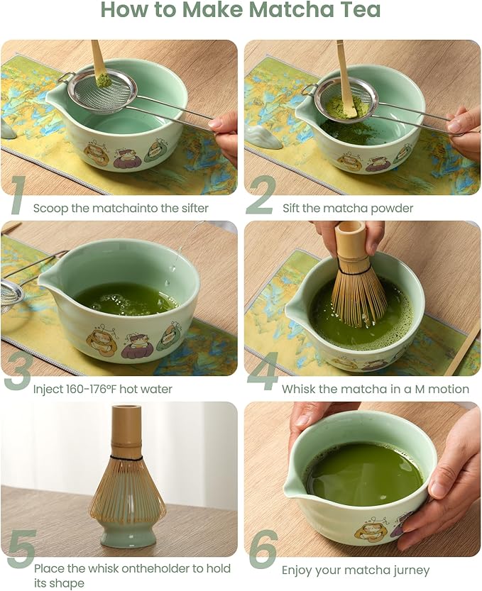 Matcha Whisk Tea Set Kit Japanese Matcha Kit - Matcha Bowl, Matcha Whisk and Holder, Bamboo Scoop, Scoop Rest, Sifter and Tea Towel - for Tea Ceremony Breakfast Lattes - Home Kitchen Christmas(Green)