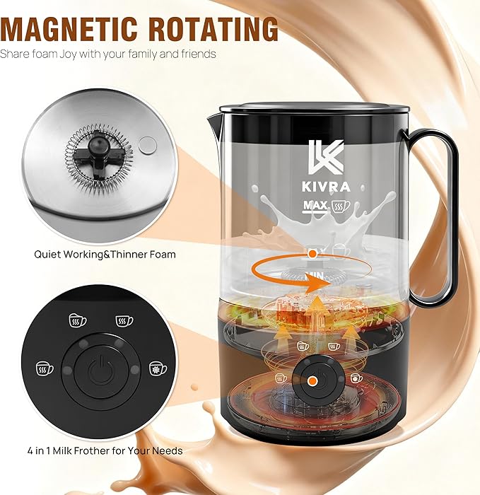 KIVRA Milk Frother and Steamer 350ml | 4 Mode cold foam maker for Hot and Cold Drinks | Durable Non Stick Milk Frother for Coffee Lovers – Includes 1x Whisk, Measuring Cup, String Bag & Brush