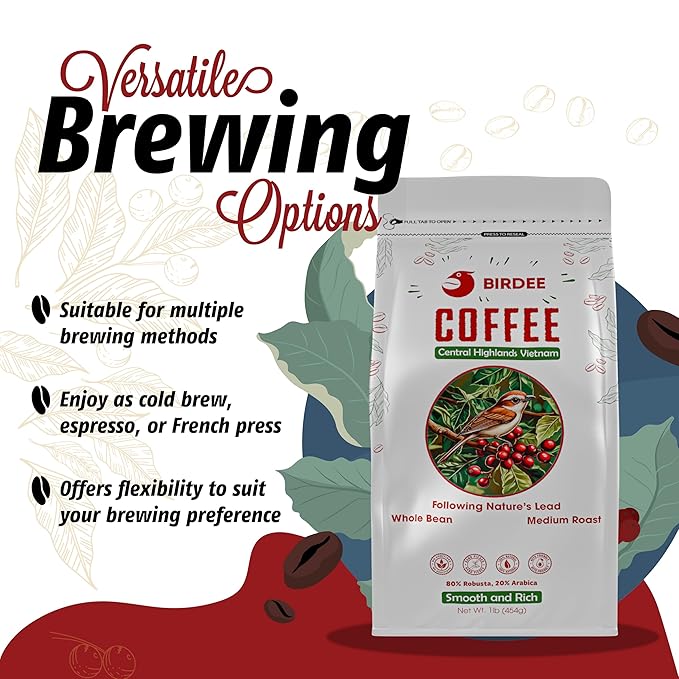 Birdee Vietnamese Coffee – 1 LB, Medium Roast Whole Bean, Arabica and Robusta, Hand-Picked, Resealable Bag, Smooth Flavor, Low Acid, High Caffeine, Single-Origin